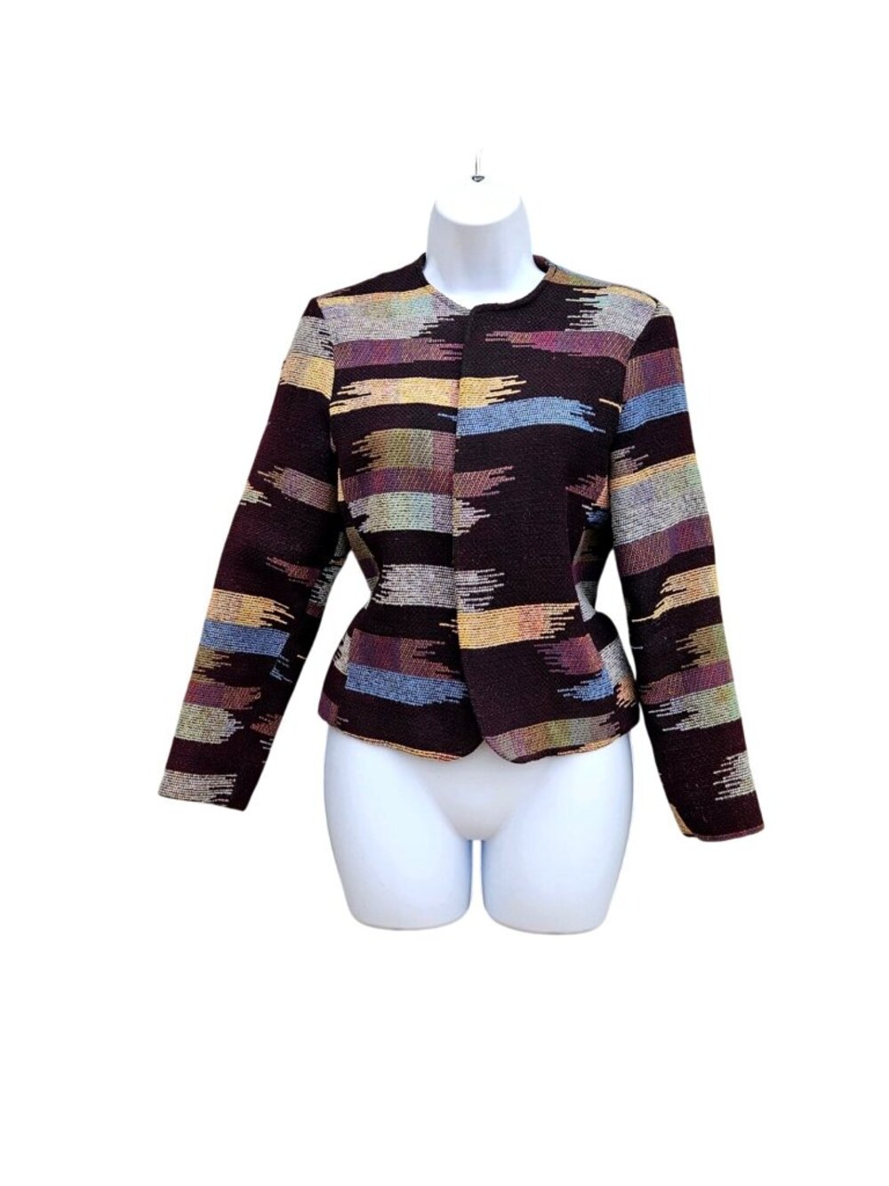 Vintage Art to Wear Woven Wool Jacket Abstract Ikat Stripe Boxy Lined Small - Picture 3 of 13
